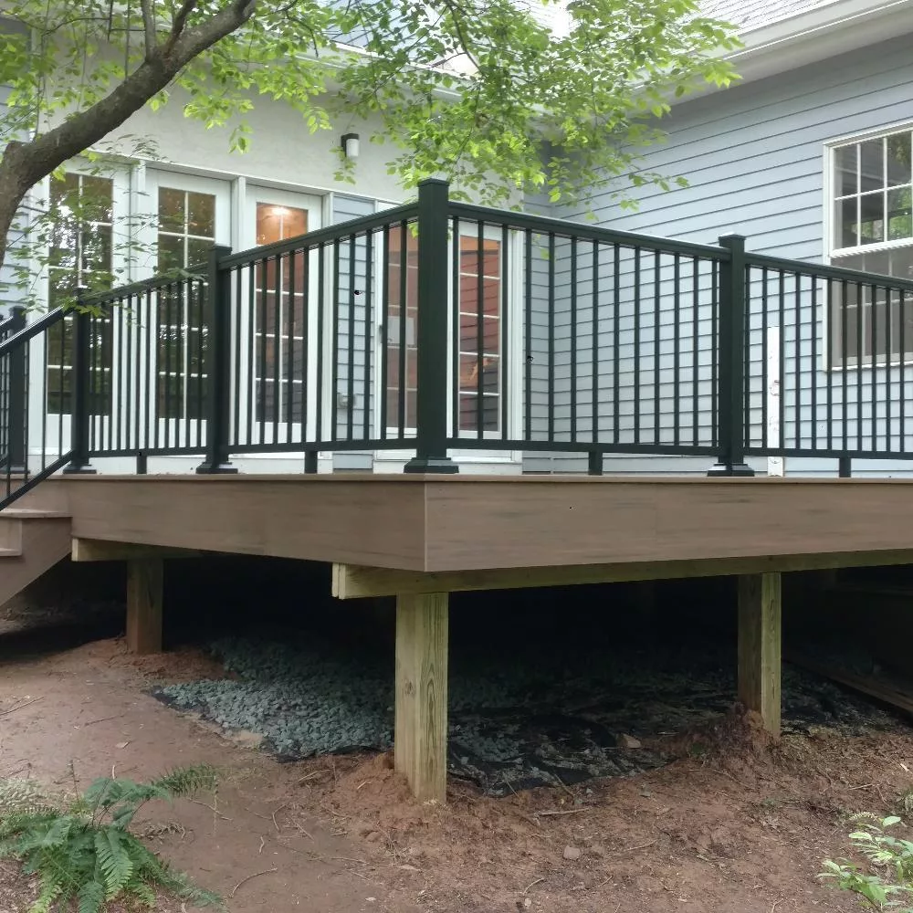 archway light blue house deck black rail brown deck