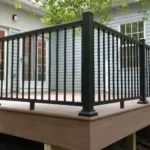 archway light blue house deck black rail brown deck close-up